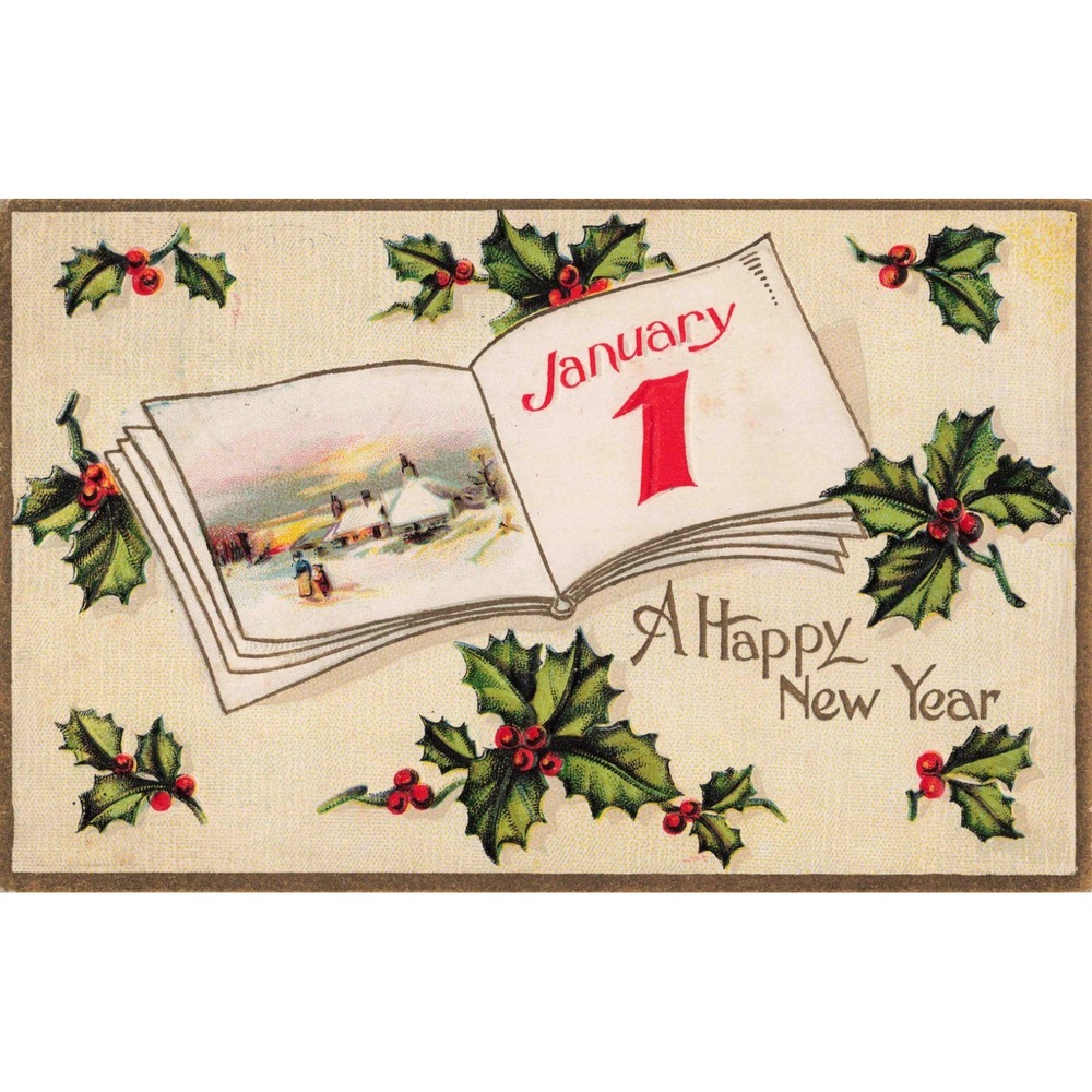 Antique New Year Postcard January 1 Holly Embossed 1913 Spring Hill Kansas VG - Picture 1 of 2